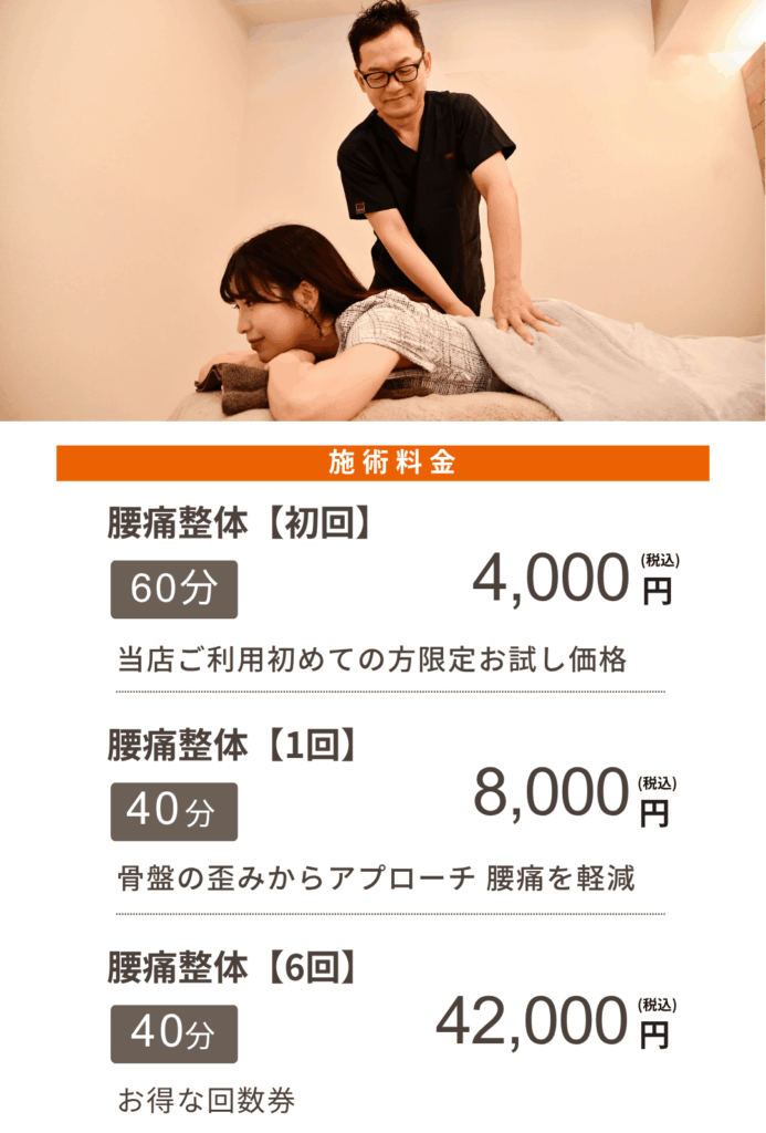 施術料金
腰痛整体【初回】
60分4,000円(税込)
当店ご利用初めての方限定お試し価格
腰痛整体【1回】
40分8,000円(税込)
骨盤の歪みからアプローチ 腰痛を軽減
腰痛整体【6回】
40分42,000円(税込)
お得な回数券